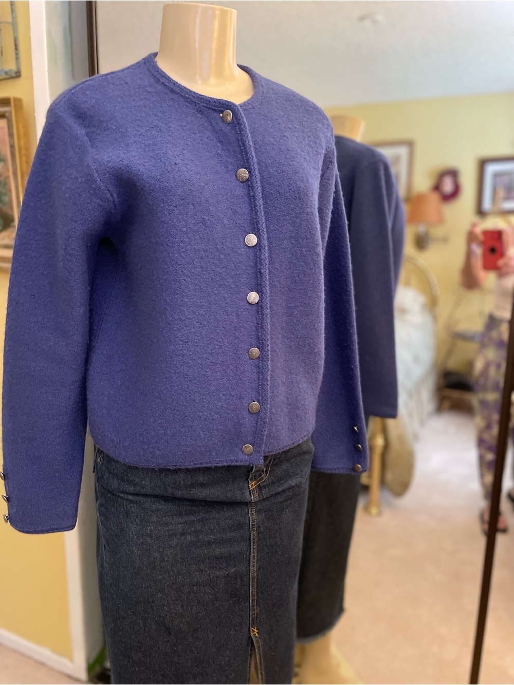 VTG Blue-Gray Karen Scott Petites Wool Cardigan Sweater Wo Med(?) Metal Buttons